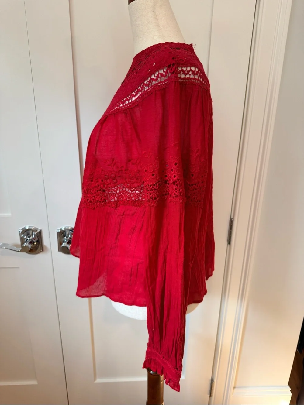 Free People Abigail Victorian Lace-Inset Red Feminine Blouse - Women Tops